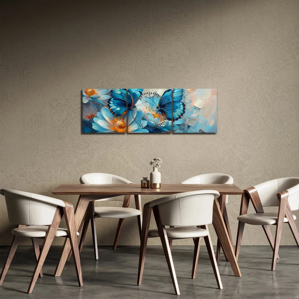 Tablou - Fluturi albaștri (cu ceas) (90x30 cm)