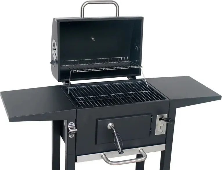 Gratar pe carbuni Klausberg KB 9034, Cos de fum, Ventilatie reglabila, Sertar pentru cenusa, Termometru, Roti, Otel, Negru