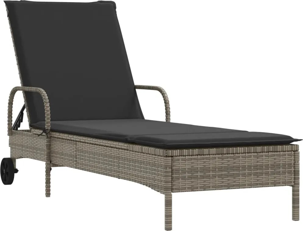 vidaXL Șezlong cu roți și pernă, gri, poliratan