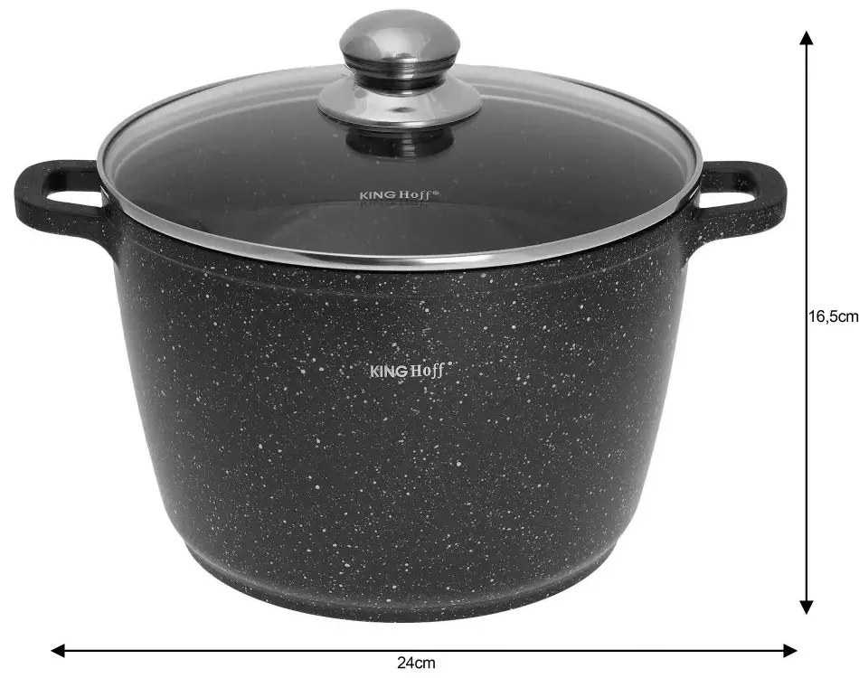 Oală cu capac 24 cm, 6.2L – Kinghoff KH 1598, cu strat antiaderent marmură, neagră, compatibilă cu toate plitele