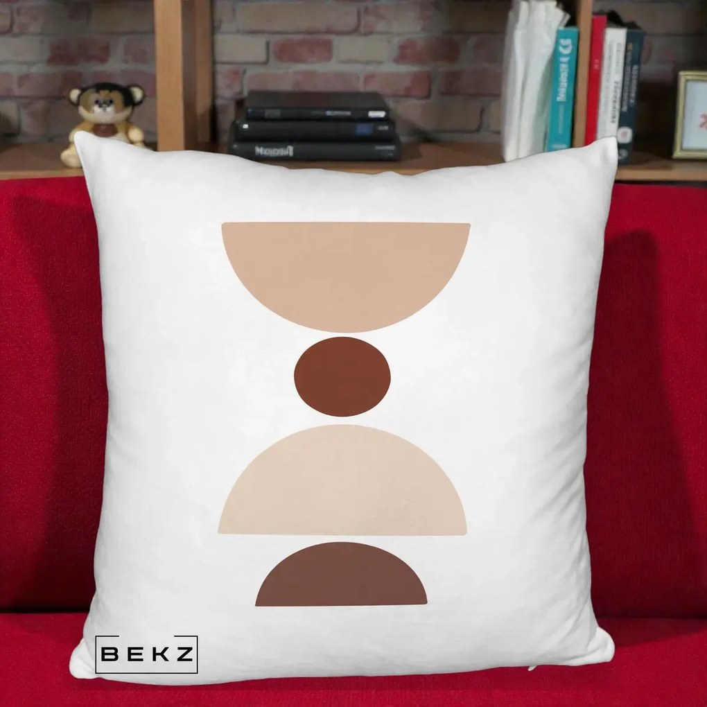 Perna Decorativa Geometric Boho Cerc si Boluri, 40x40 cm, Alb Pufos, Husa Detasabila, Perna Inclusa, BEKZ®