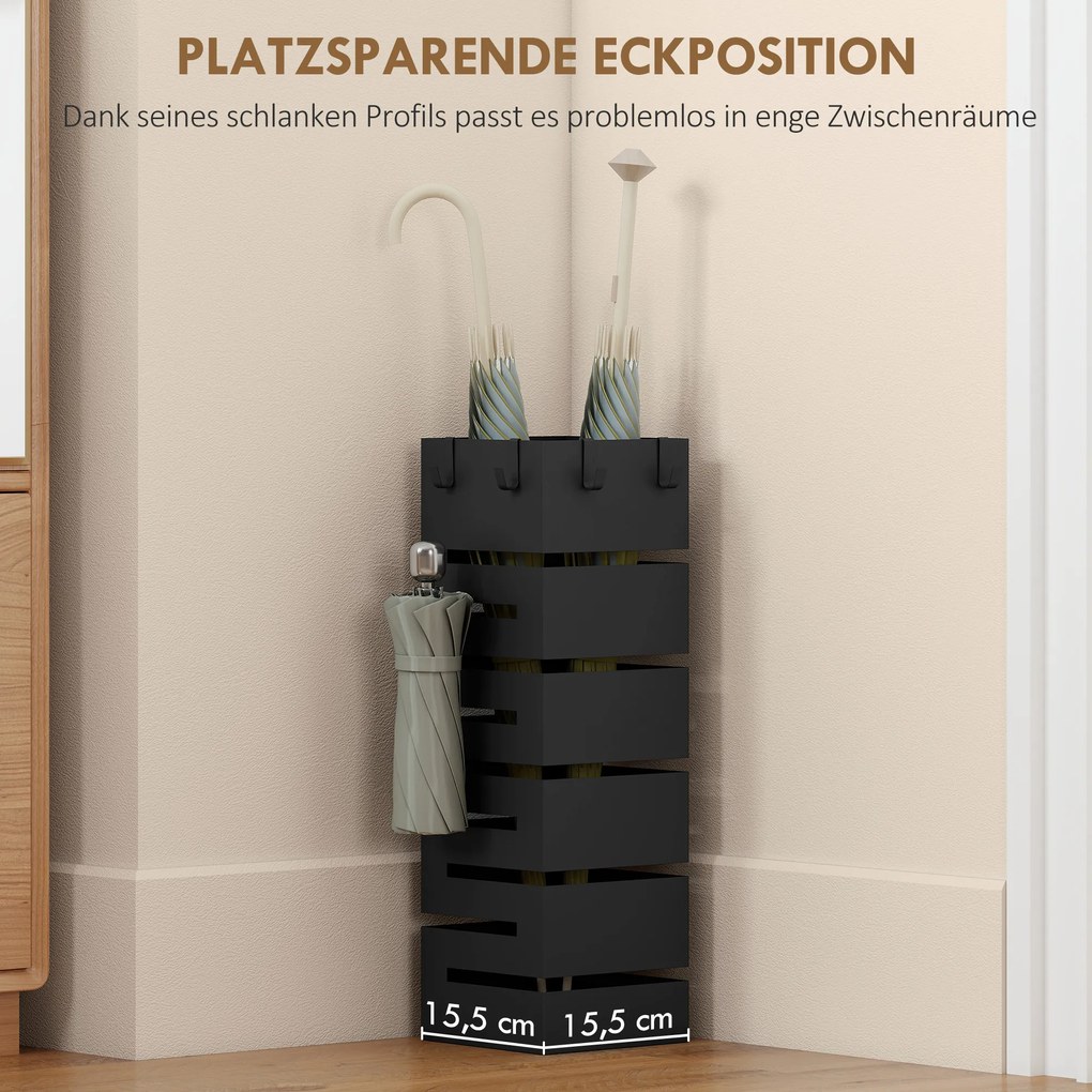 HOMCOM Suport umbrele, stativ metalic pentru umbrele, suport freestanding pentru umbrele cu cârlige și tavă de scurgere, capacitate 8 umbrele, negru | Aosom Romania