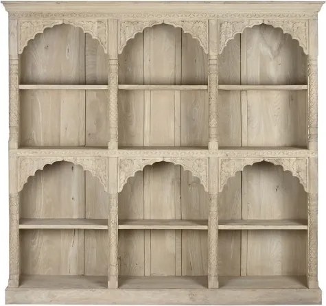 Bibliotecă sculptată manual din lemn masiv, finisaj natural, 9 nișe cu arcade mughal, 204×38×196 cm, „Navaratna"