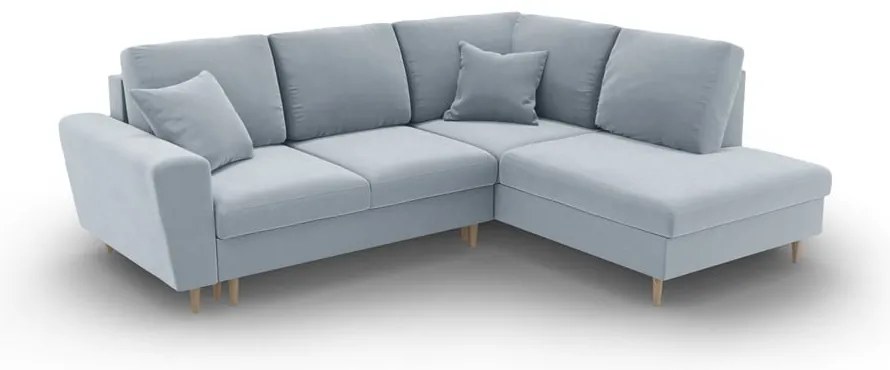 Colțar albastru deschis extensibil, cu spațiu de depozitare cu tapițerie din catifea (cu colț pe partea dreaptă-în formă de ”L”) Kyoto – Cosmopolitan Design