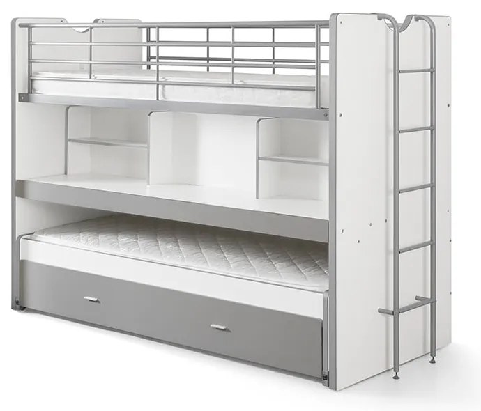 Pat pentru copii alb-gri supraetajat, cu extensie suplimentară cu spațiu de depozitare cu somieră 90x200 cm Bonny – Vipack