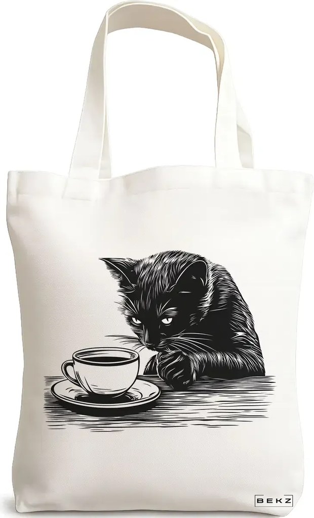 Sacosa de Panza pentru Cumparaturi, Geanta Tote, model Caffeine Cat 3 38 x 34.5 cm, Alba, BEKZ®