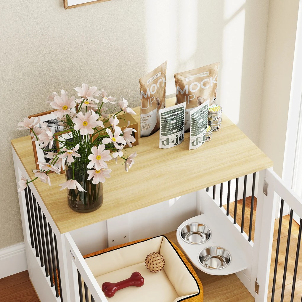 PawHut Cușcă pentru câini, masă de cafea, boluri mobile rotative la 360°, 2 uși pentru câine de talie medie 80x55x71,5 cm alb | Aosom Romania