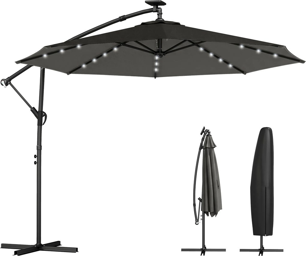 Outsunny Umbrelă cu braț lateral LED solar aprox. Ø300 cm, rotativă, cu manivelă, suport și husă, Gri închis | Aosom Romania