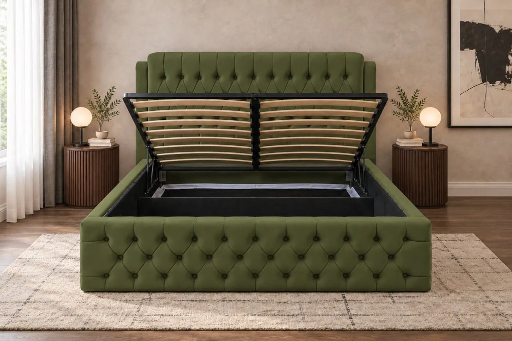Pat tapițat din catifea Aveline 160×200 cm, kaki, cu ladă de depozitare