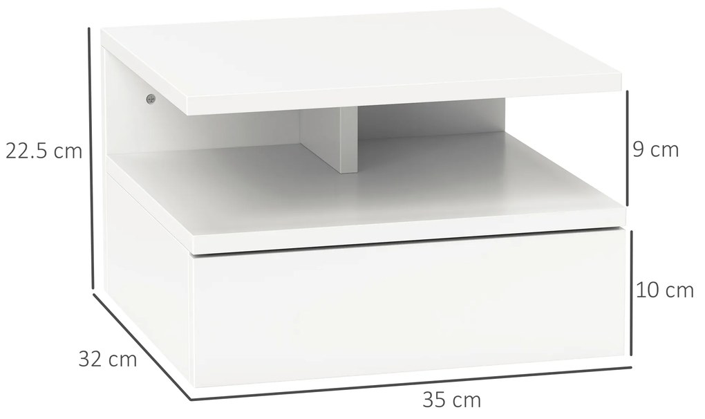 HOMCOM Noptieră Suspendată cu Sertar și Raft Superior din Lemn, 35x32x22,5 cm, Alb | Aosom Romania