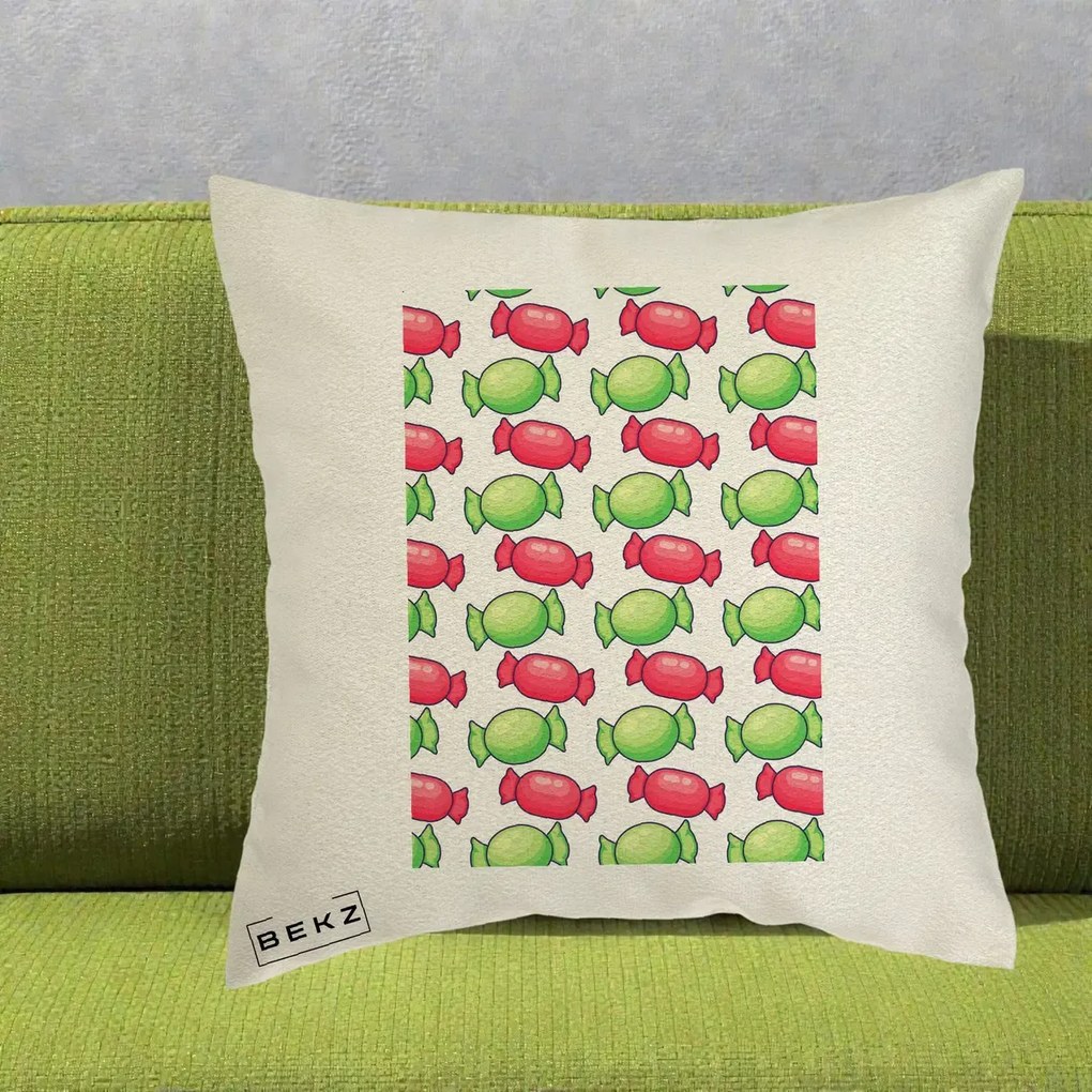 Perna Decorativa Bomboane Craciun Pattern, 40x40 cm, Ecru, Husa Detasabila, Perna Inclusa, BEKZ®