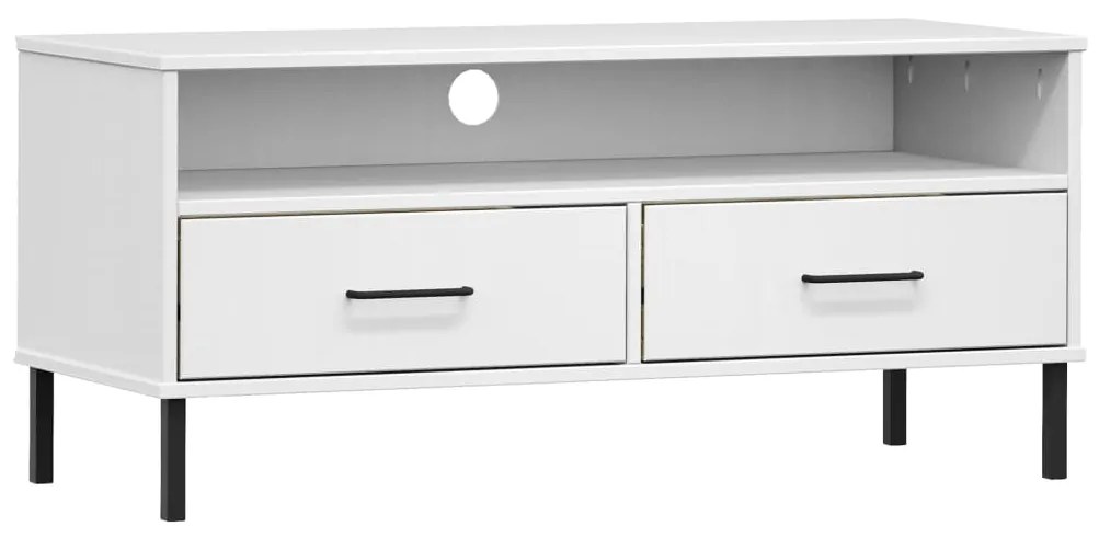 351026 vidaXL Comodă TV cu picioare metalice „OSLO”, alb, lemn masiv pin