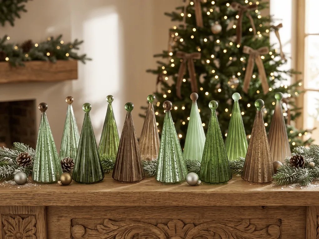 Brad din sticla stralucitor TWINKLE cu iluminare LED 22 cm, nuante maro-verzi