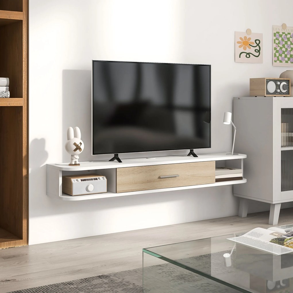 HOMCOM,Suport TV,Cu 2 Rafturi Deschise și Dulap cu Ușă Rabatabilă,MDF,120cm x 26cm x 16cm,Alb, gri | Aosom Romania