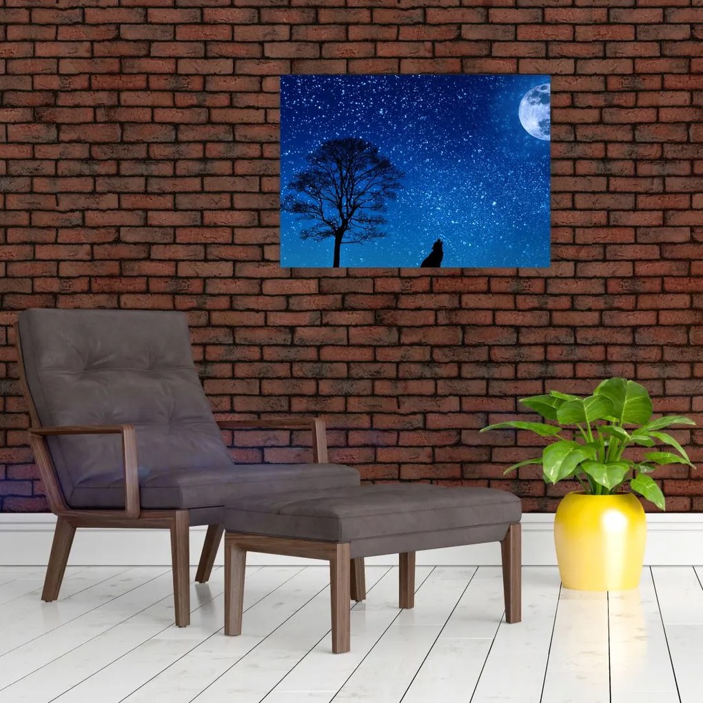Tablou pe sticlă - Lupul urlând la lună (70x50 cm)