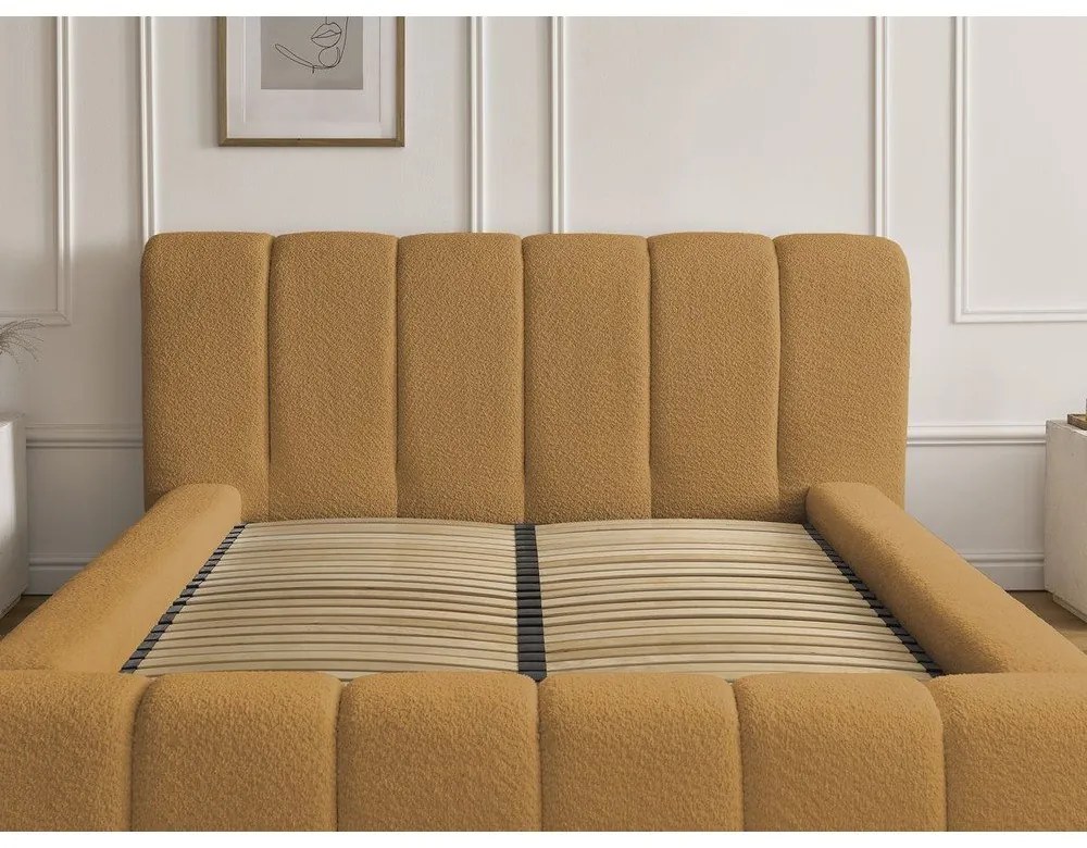 Pat matrimonial galben muștar tapițat cu spațiu de depozitare cu somieră 160x200 cm Denali – Bobochic Paris