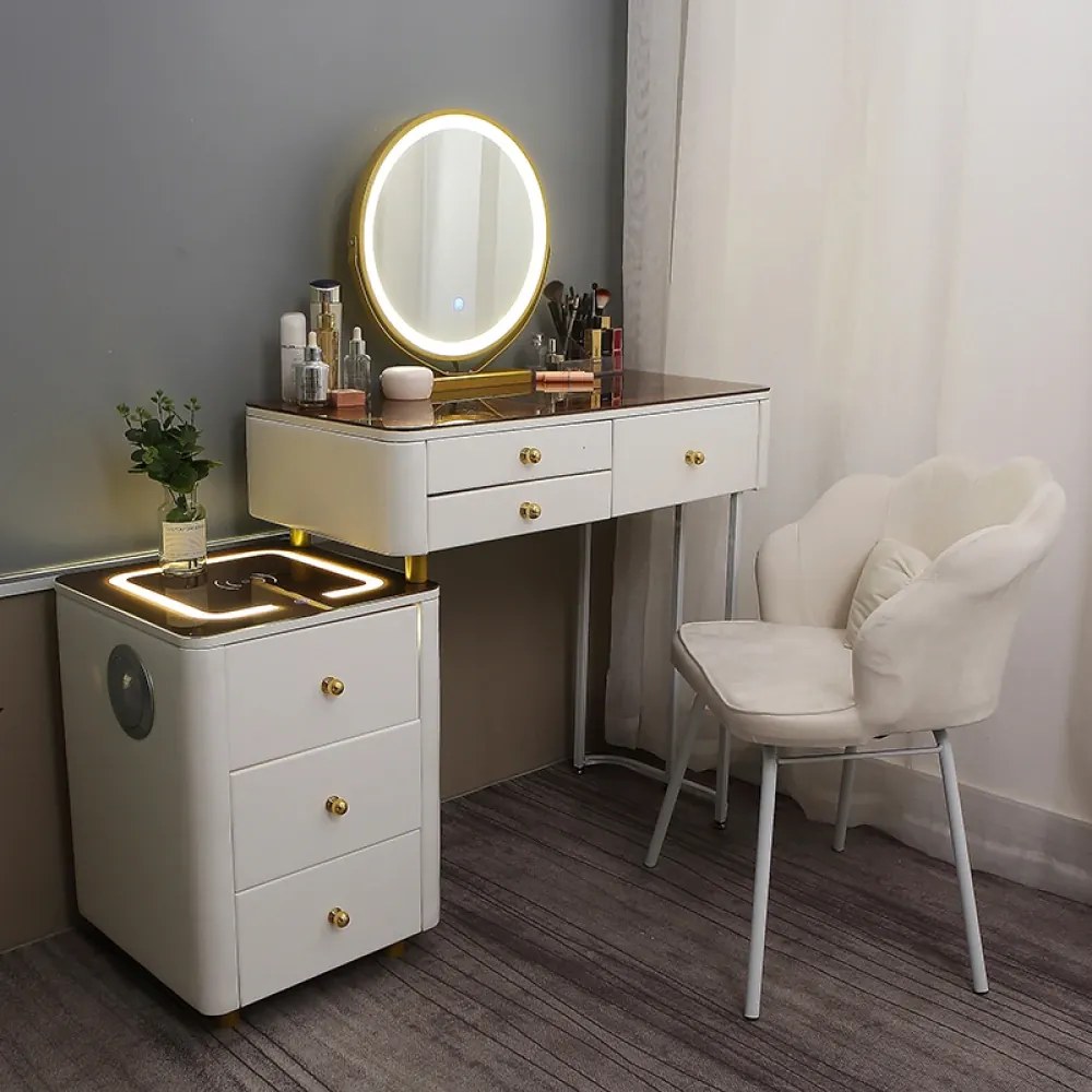 Set OFELIA – Masă de Toaletă pentru Machiaj, Oglindă iluminată LED, Control Touch, 6 sertare, Comoda, Scaun, Difuzor Bluetooth, zona încărcare fără fir, Alb, 80x40x78 cm
