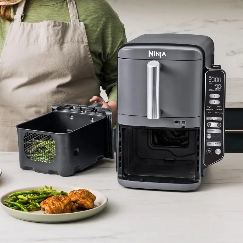 Friteuza dubla cu aer cald Ninja SL451EU, 2470W, 9.5L, Termometru digital, 2 cosuri, 6 programe, Max Crisp, Sync & Match, Gri