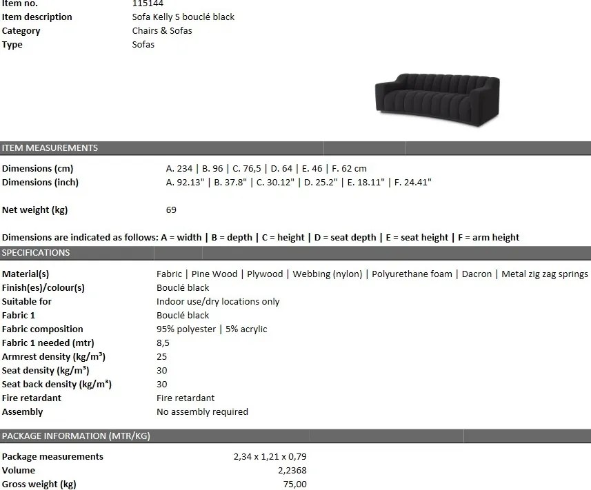 Canapea design LUX Kelly S boucle negru 115144 HZ