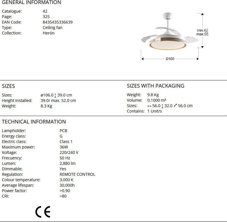 Lustra LED cu Ventilator si telecomanda, lame retractabile HERON alb/auriu