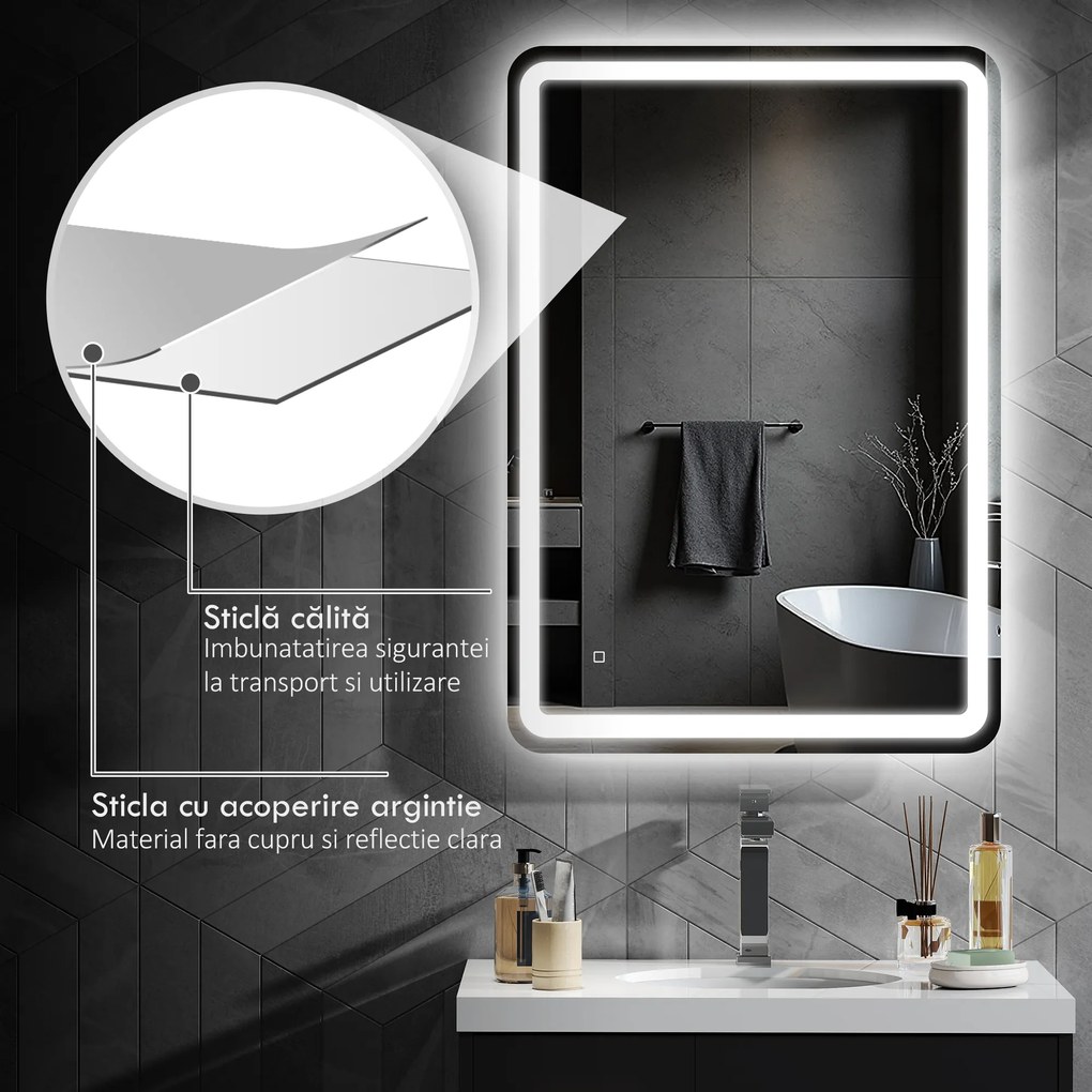 kleankin Oglinda pentru Baie cu Lumini LED, 70x50 cm, Argintiu | Aosom Romania