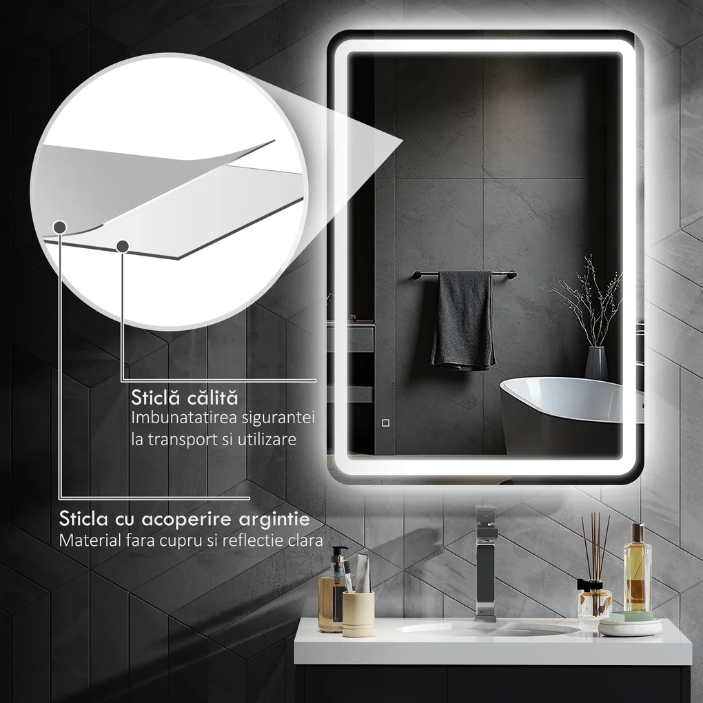 kleankin Oglinda pentru Baie cu Lumini LED, 70x50 cm, Argintiu | Aosom Romania