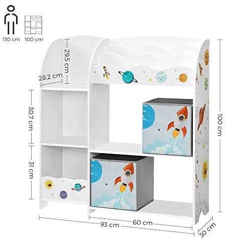 Organizator pentru copii, 93 x 30 x 100 cm, PAL melaminat, alb, Songmics