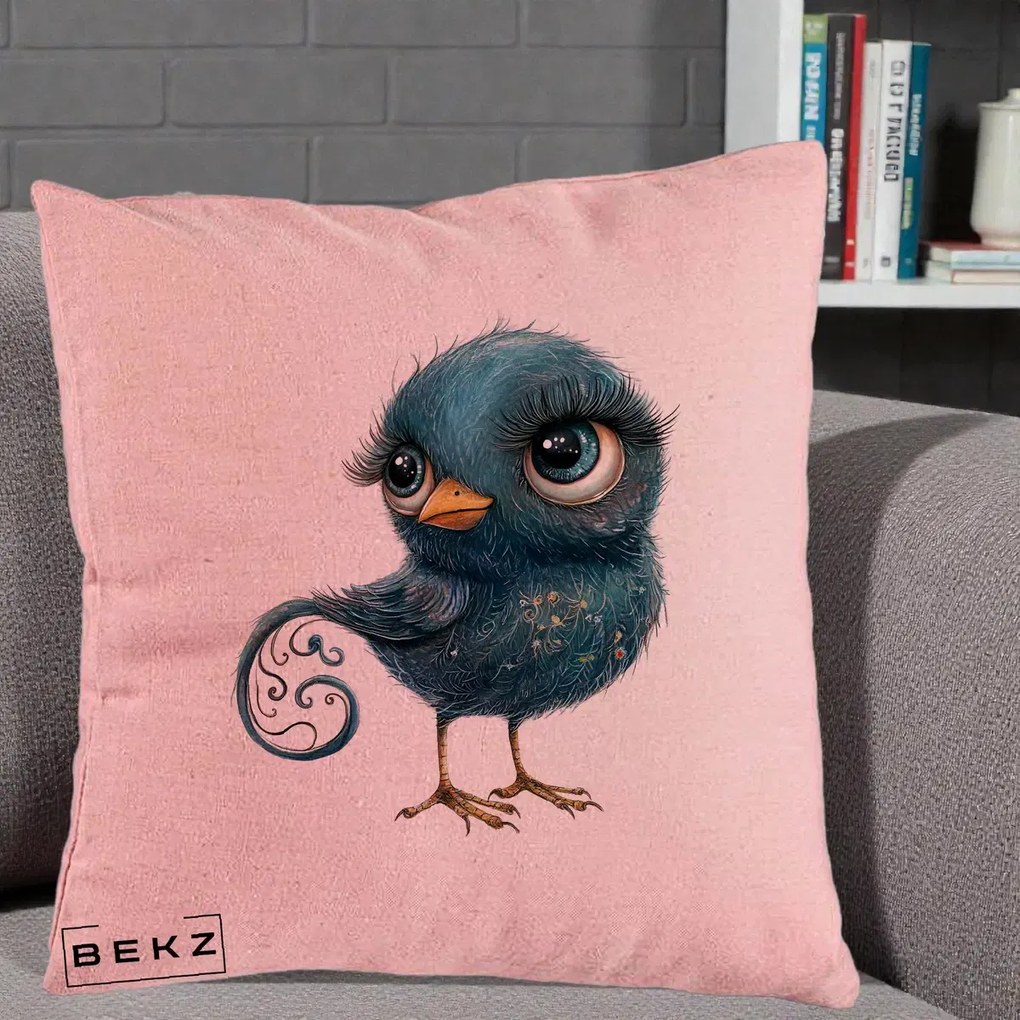 Perna Decorativa Pasare Teal cu Motive Aurii si Coada Spiralata, 40x40 cm, Roz, Husa Detasabila, Perna Inclusa, BEKZ®