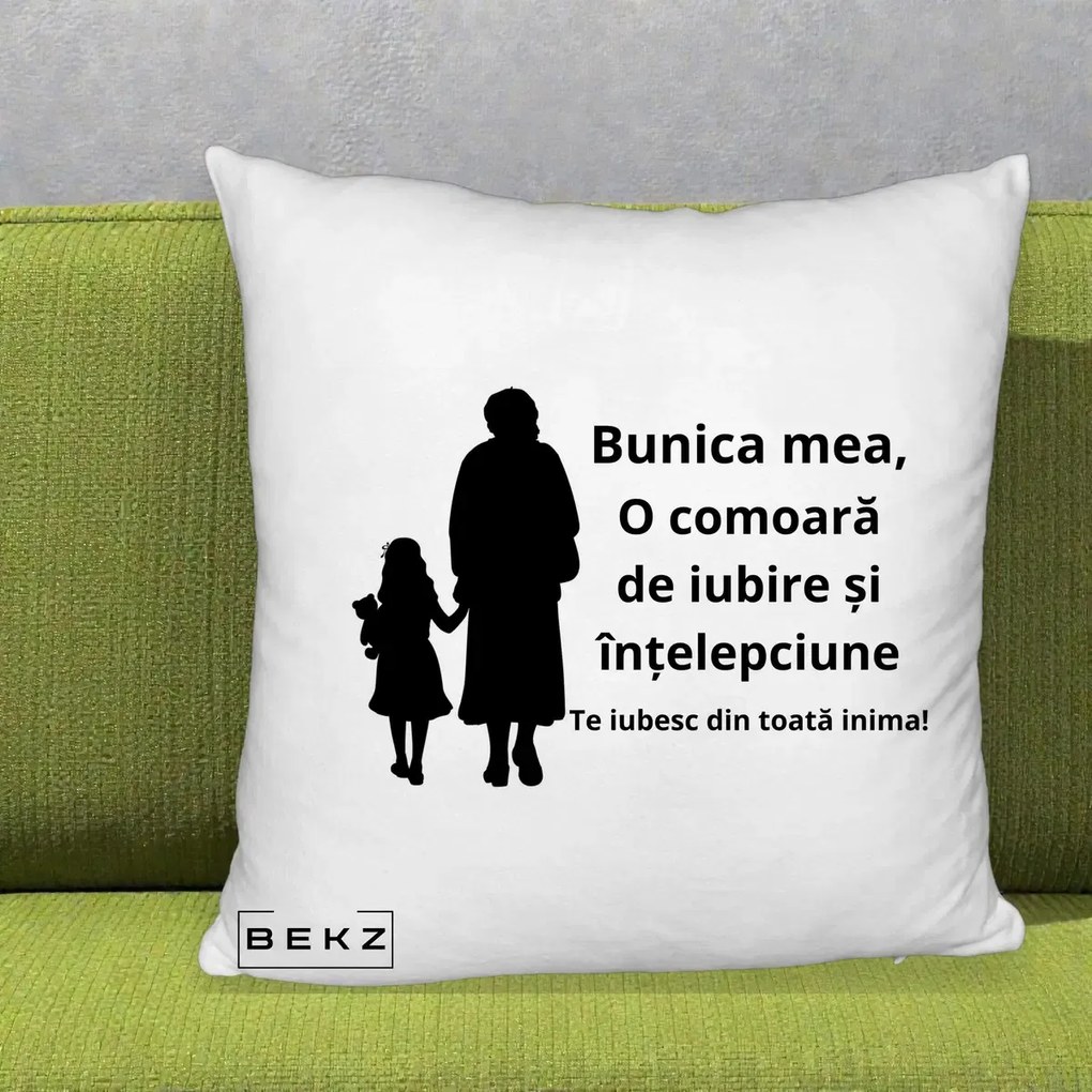 Cadou pentru Bunica - Perna Personalizata Bunica Mea Comoara Iubire Intelepciune Silueta, 40x40 cm, Alb Pufos, Husa Detasabila, Perna Inclusa, BEKZ®