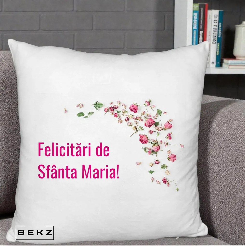 Cadou de Onomastica - Perna Personalizata Felicitari de Sfanta Maria, 40x40 cm, Alb Pufos, Husa Detasabila, Perna Inclusa, BEKZ®