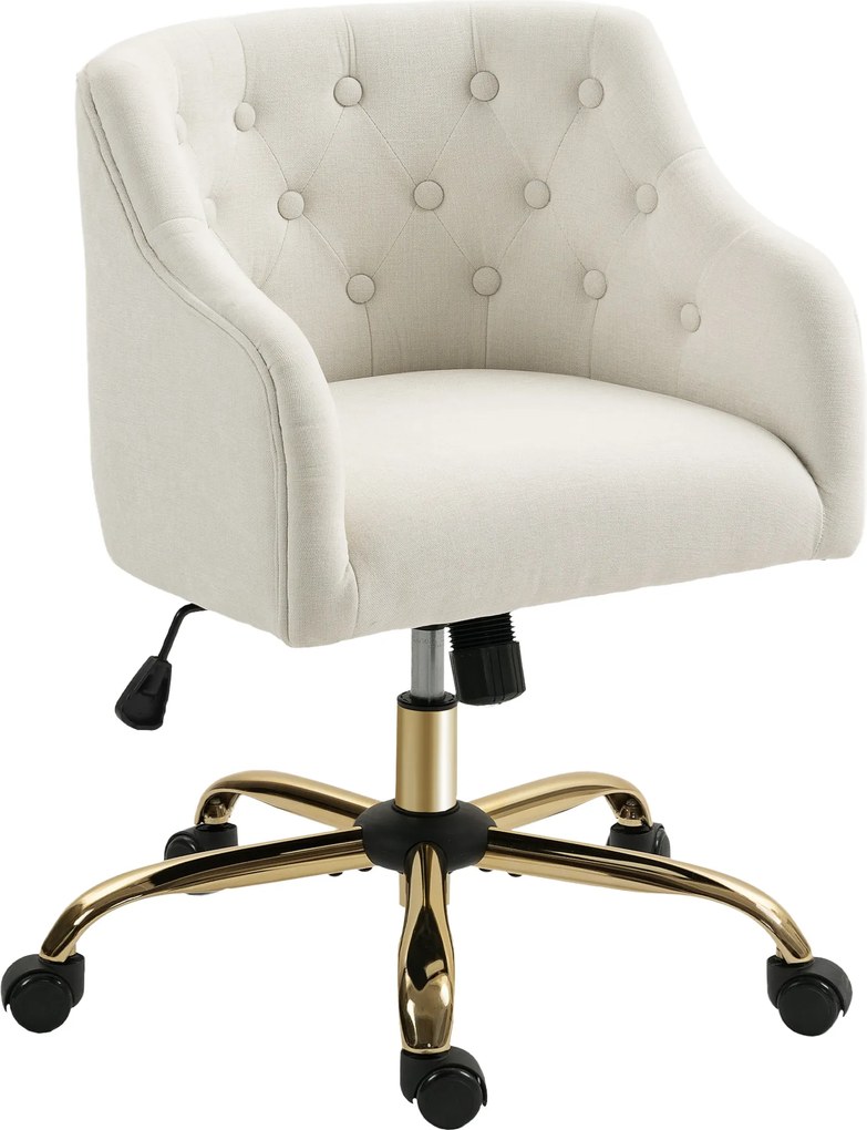 HOMCOM Scaun de birou tapițat, scaun pentru birou cu aspect de in, picioare aurii, reglabil pe înălțime, Bej | Aosom Romania