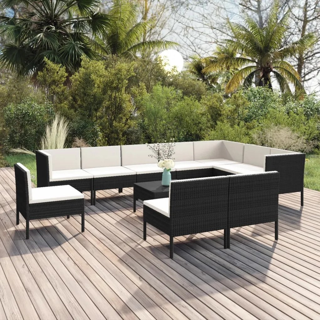 3094452 vidaXL Set mobilier de grădină cu perne, 11 piese, negru, poliratan