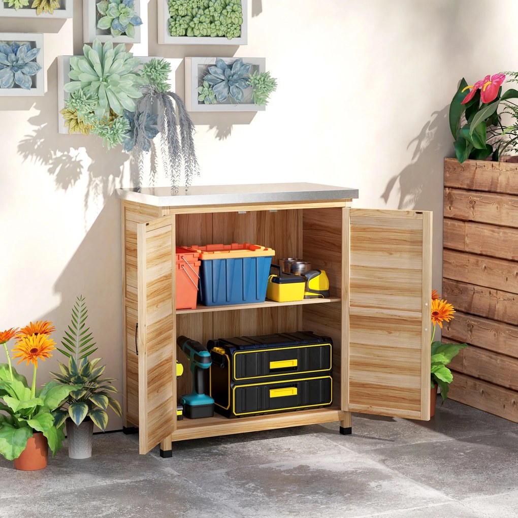 Outsunny Dulap de Exterior cu Raft și Bancă de Lucru Superioară, 79x43x92 cm, Lemn Natural | Aosom Romania