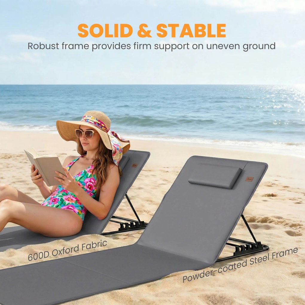 Outsunny Set de 2 șezlonguri de plajă cu spătar reglabil, pliabile și ușoare, cu pernă și buzunar de depozitare | Aosom Romania