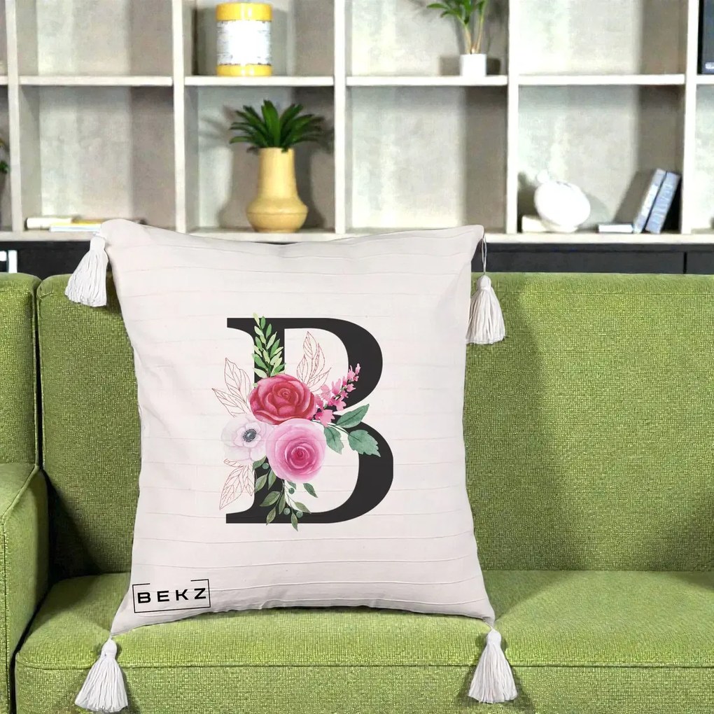 Cadou Personalizat - Perna Personalizata Monograma Florala Litera B, 40x40 cm, Bej cu Franjuri, Husa Detasabila, Perna Inclusa, BEKZ®