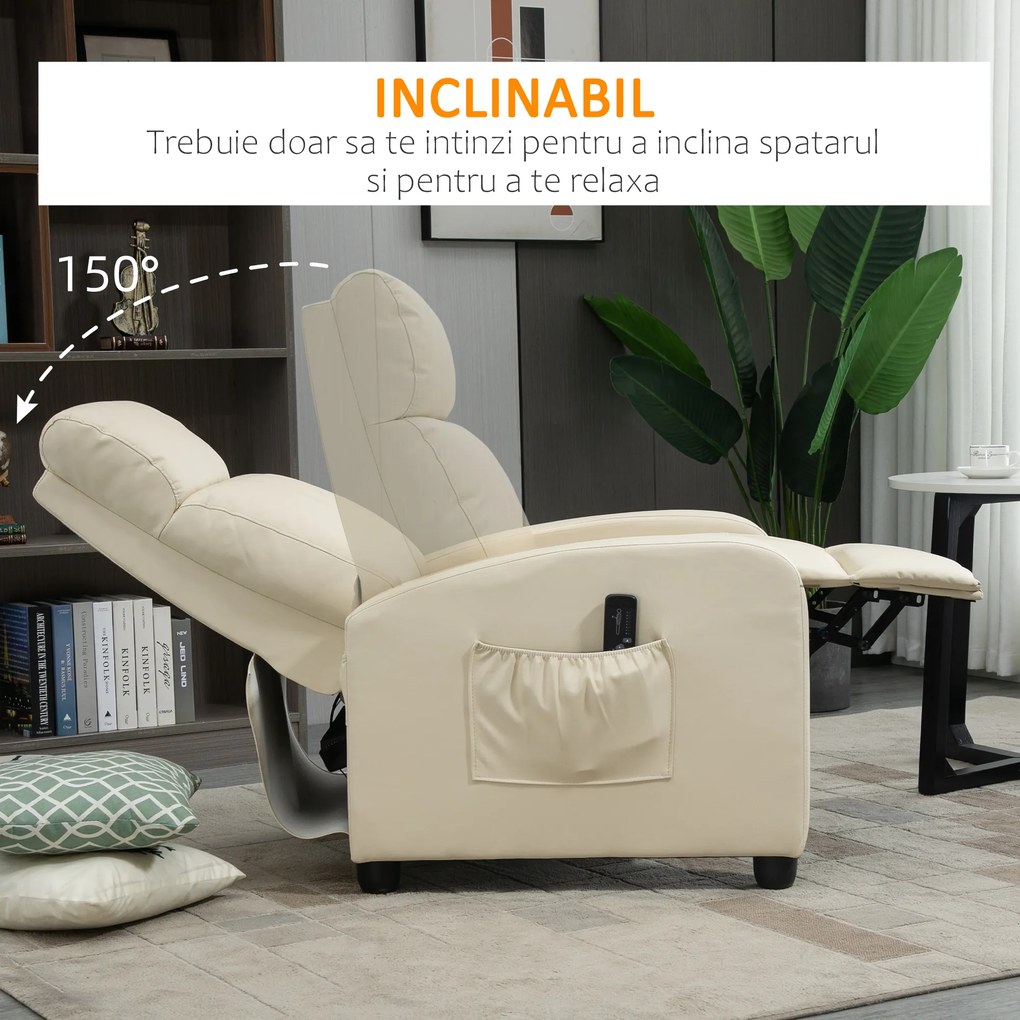 Fotolii recliner cu masaj 8 functii si 5 intensitati68x88x98cm, crem HOMCOM | Aosom RO