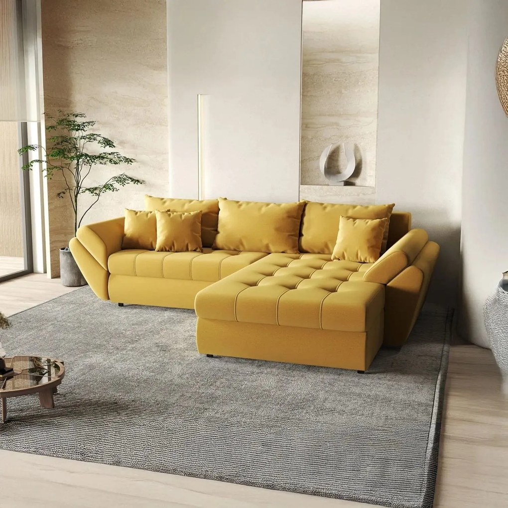 Colțar extensibil dumonde cu ladă de depozitare si sezut confortabil din spuma high-density, Loana Royal Muștar II 270x185 cm