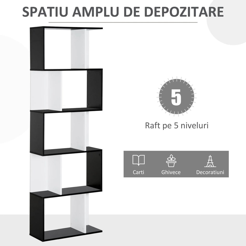 HOMCOM Bibliotecă de perete cu 5 rafturi, 60x24x184.5 cm, Alb și Negru | Aosom Romania