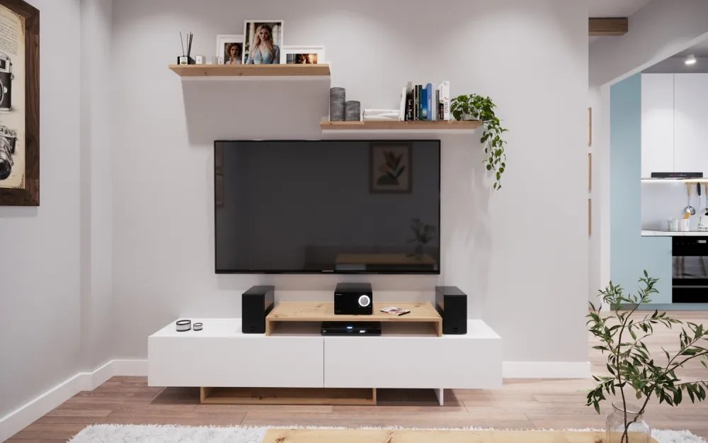 Mobilier de perete living, alb/stejar artisan, MILONA