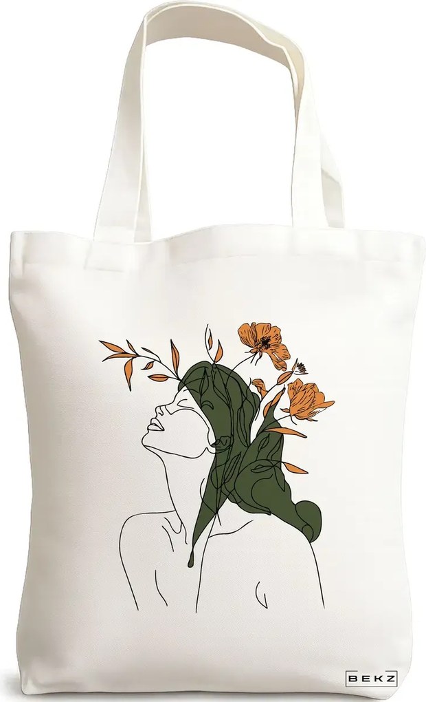 Sacosa de Panza pentru Cumparaturi, Geanta Tote, Flower Lady 14, 38x34.5 cm, Alba, BEKZ®