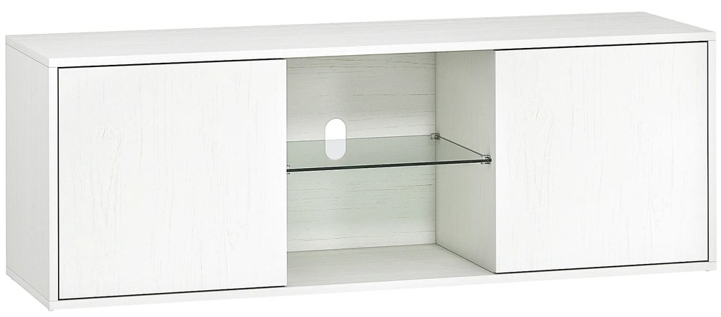 HOMCOM Mobilier Porta TV până la 55", Mobilier TV Suspendat sau pe Podea de 120 cm cu Uși Soft Close, Orificiu pentru Cabluri și Raft din Sticlă, pentru Sufragerie și Salon, Alb Efect Lemn | Aosom Romania