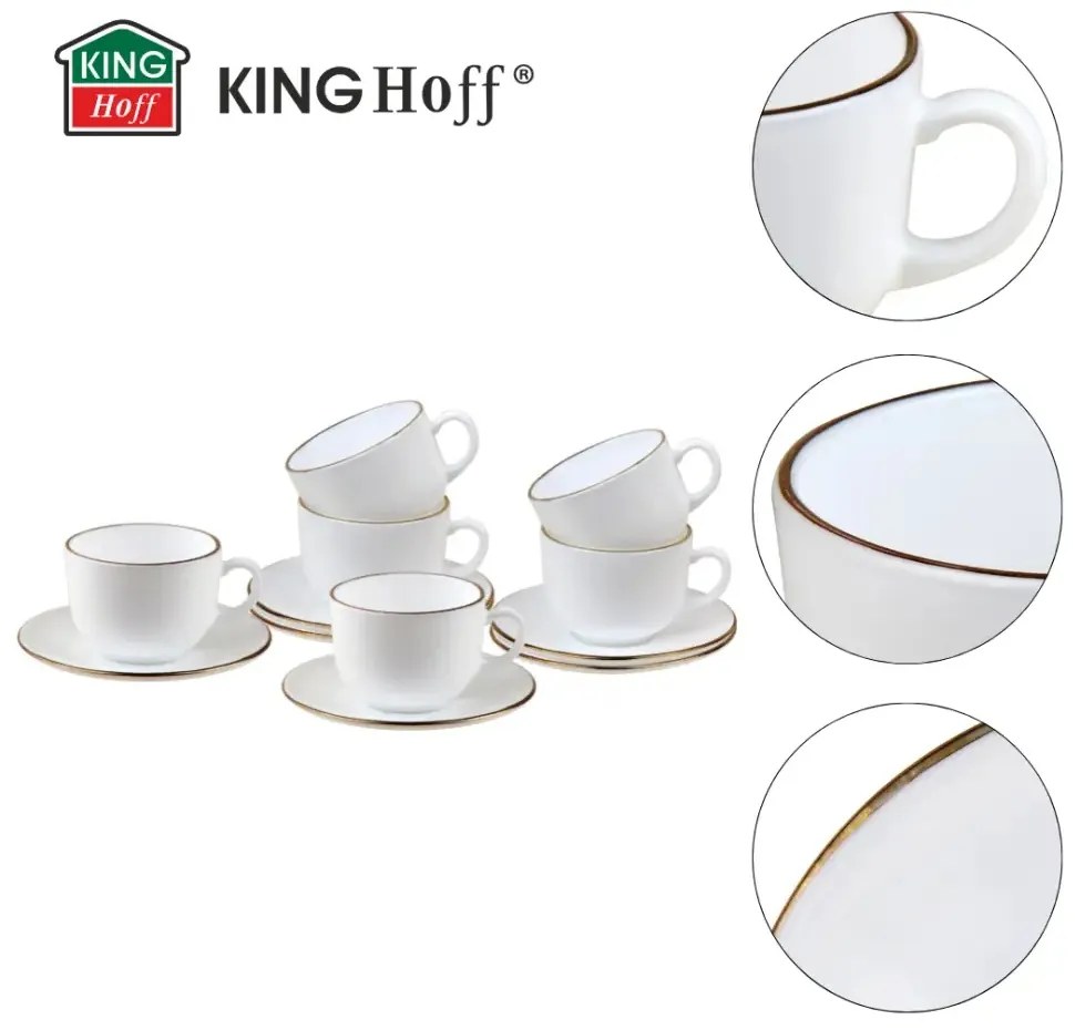 Set cesti cafea 12 piese, opal, alb cu auriu, 210 ml Kinghoff KH-1929