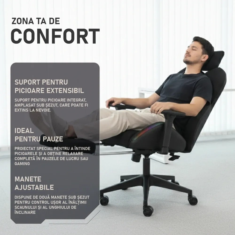 LUMINA X-Motion Pro – Scaun Gaming & Office Premium cu LED RGB și Suport pentru Picioare – Confort Inteligent și Design Spectaculos, Textil, Negru