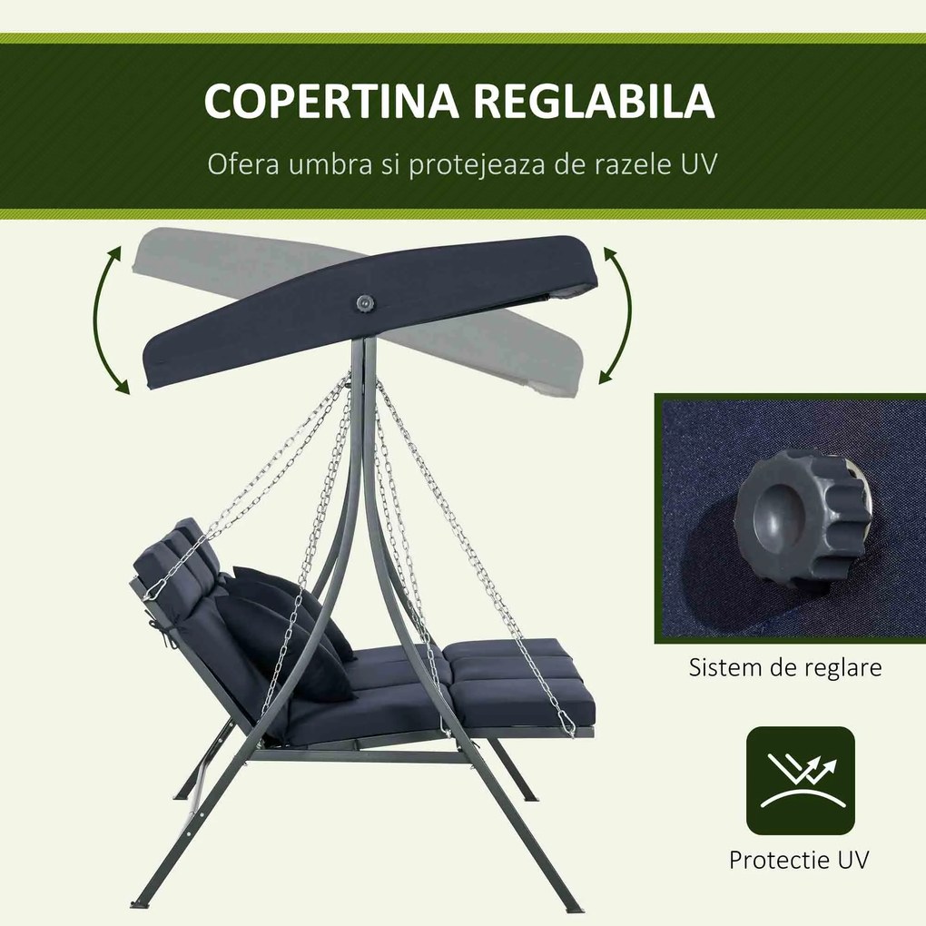 Outsunny Balansoar de Grădină cu 3 Locuri, Copertină Reglabilă și 3 Perne, 198x118x168 cm, Albastru | Aosom Romania