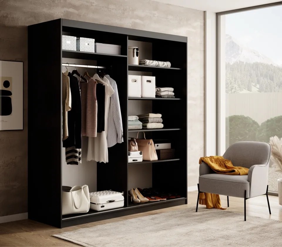 Dulap cu usi glisante 180x205 cm, Delia, ADRK Furniture (Culoare: Artisan / Negru)