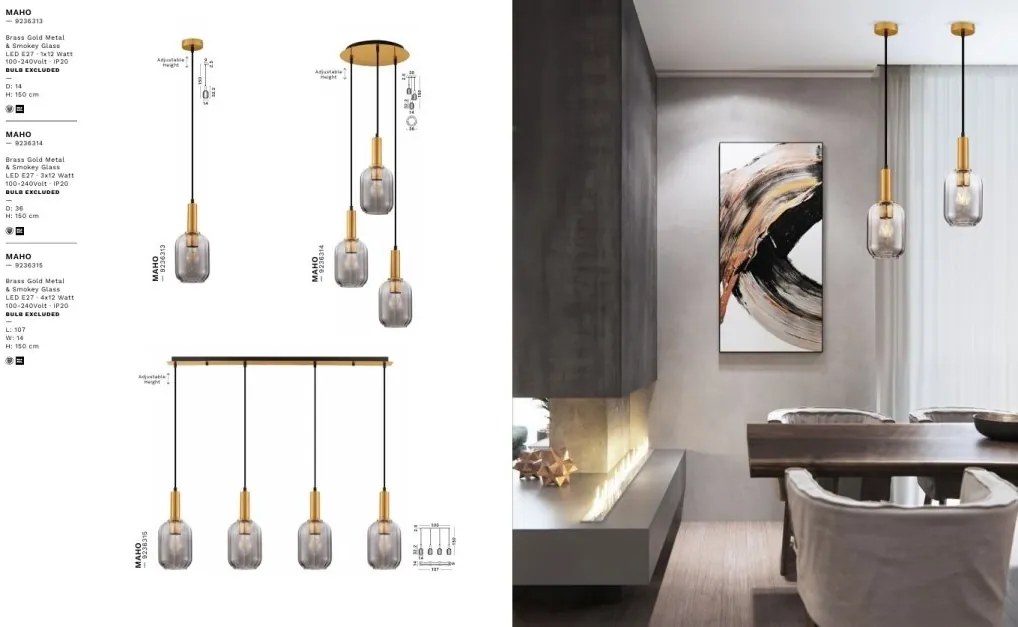 Lustra cu 3 pendule, Metal, Auriu, Sticla, Fumurie, MAHO