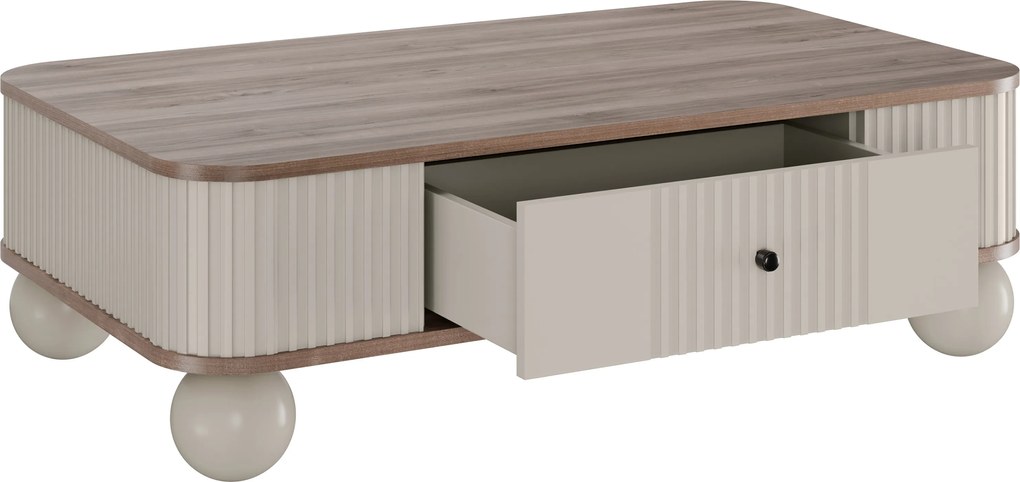 Măsuță de cafea Vesper 103x60 cm cu sertar - kasmir / nuc / mânere negre / picioare sferice