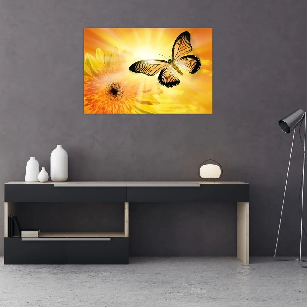 Tablou - Fluture galben cu flori (90x60 cm)