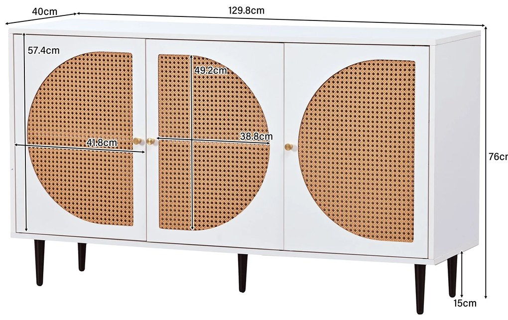 Comodă modernă cu 3 uși din ratan și mânere din metal, Alb | Aosom Romania