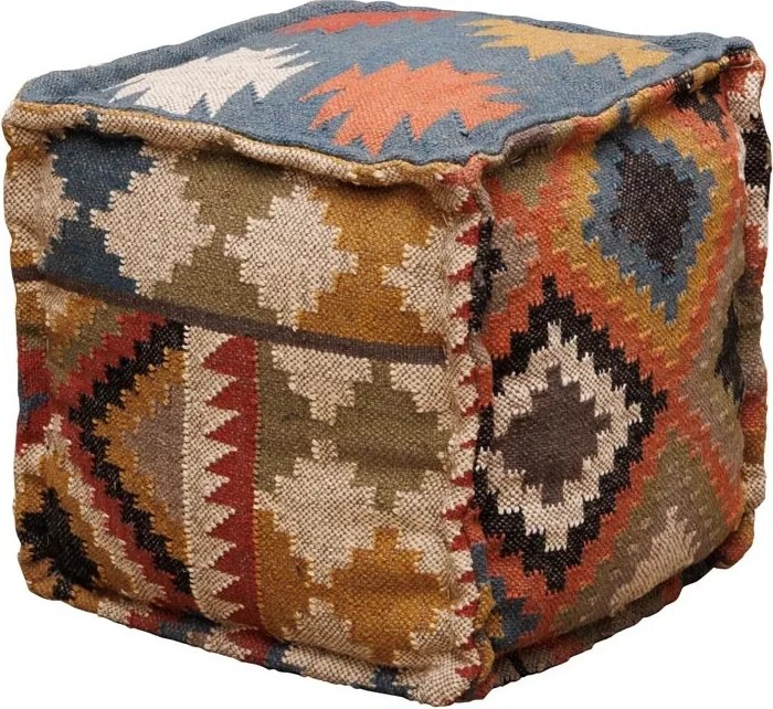 Puf kilim cubic din iută și lână, multicolor, cu alt desen pe fiecare latură, 46 x 46 x 46 cm, „Autumn Killim”
